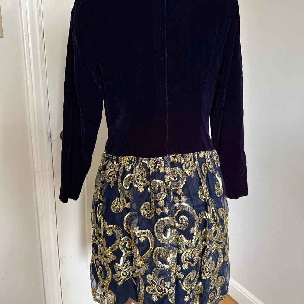 Jessica McClintock Navy Velvet Gold Sequins Long Sleeve Vintage Dress Size 14